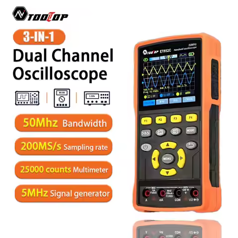 TOOLTOP ET852C 2CH 50MHz Handheld Digital Oscilloscope 25000 Counts True RMS Multimeter Signal Gener