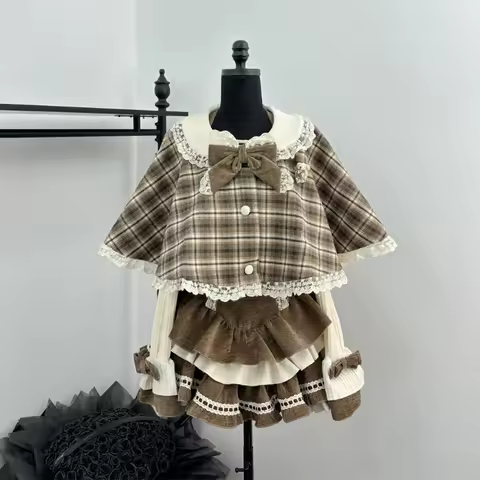 Vintage Plaid Sweet Lolita 3 Piece Set Winter Woman Harajuku Cute Bow Cloak +Slim Chic Blouse +Desig