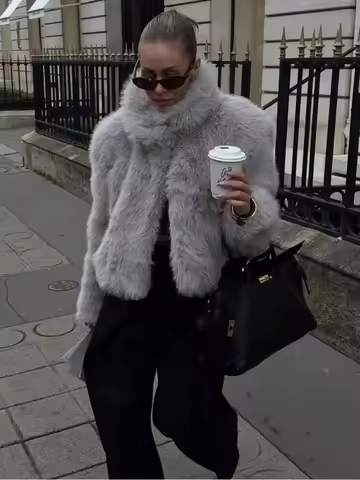 ZBZA Woman's Faux Fur Effect Short Coat Long Sleeves Stand Collar Loose Warm Fluffy Fur Crop Jacket 