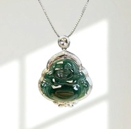 冰種老藍水翡翠彌勒佛項鍊 18K金鑽石鑲嵌 | 天然A貨翡翠  | 送禮