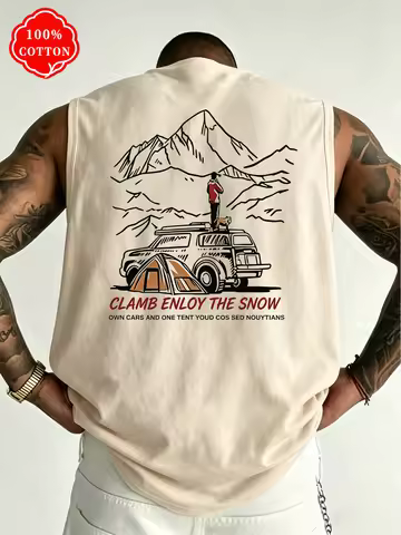 100% Cotton Men Sleeveless Tank Top Mountain Camping Car Tent Back Print Summer Streetwear Loose Fit