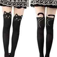cod Women Cute Black Cat Printed Silk Knee Socks Casual Thigh Cotton Warm High Over Knee Socks Cute 