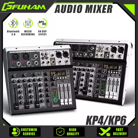 FUHAM KP4/KP6 Audio Mixer with 48V Phantom Power, 99 Sound Effects USB Recording Studio Sound Mixer,