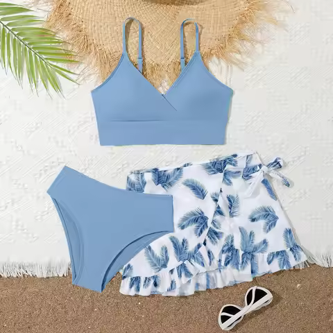 Kids Girls 3 Pieces Tankini Swimwear Children's Swimsuit with Skirt Teenagers Swimming Bathing Suit 