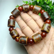 Natural Tibetan authentic agate three-nine-eyed Dzi beads bracelet chalcedony Dzi beads bracelet raw stone carved transfer beads