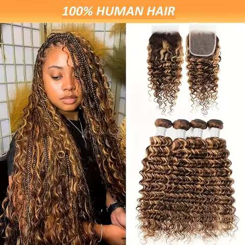 12A Highlight Human Hair Bundles With Closure P4/27 Water Wave 3/4 100% Virgin Human Hair Wet and Wa