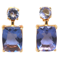 ต่างหูพลอยแท้ คัลเลอร์เชนจ์-ฟลูออไรด์ (Fluorite) 7 x 9 mm. และ แทนซาไนต์ เงินแท้ 925 ชุบทอง18k