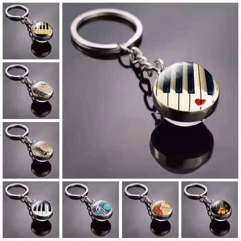 Piano Keychain Music Instruments Cleft Picture Glass Ball Key Chains Guitar Clarinet Flute Violin Pe