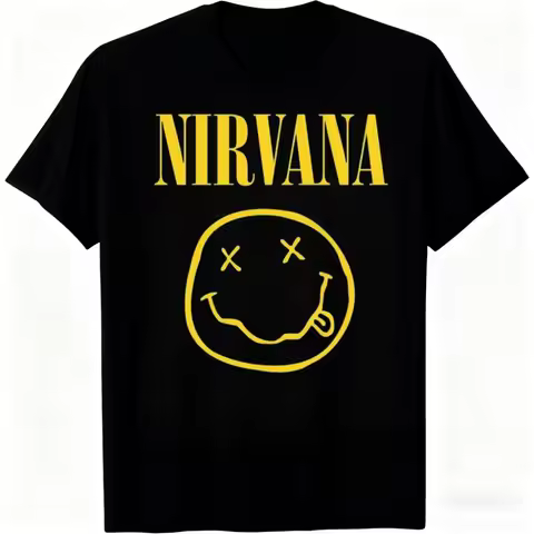 Retro Trendy Rock Style Unisex Round Neck Short Sleeved Shirt, Nirvana Band Smiling Face Printed Pur
