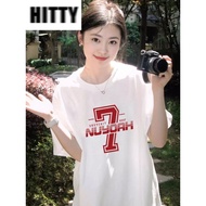 HITTY Baju T - shirt Unisex Harian Kain Lembut Motif Nombor “7” Printing Retro Oversize woman Short-