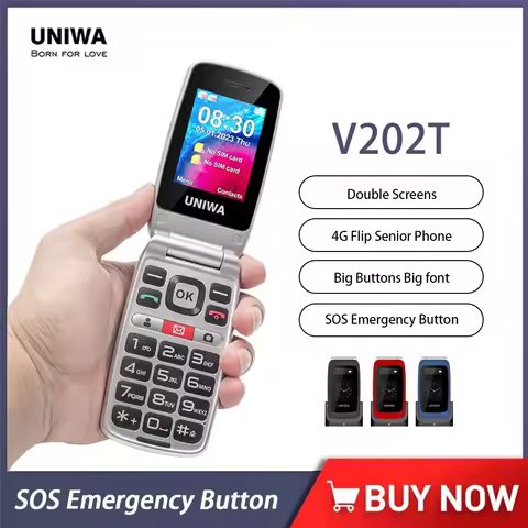 UNIWA V202T 4G Flip Senior Phone 2.4 Inch Dual Screen Emergency Call Button Feature Phone 1450mAh Bi