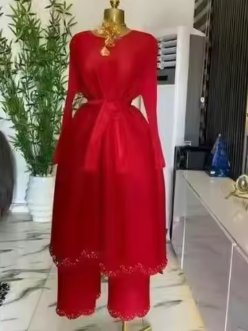 2025 New Loose Miyake Pleated Solid Pants Suit Beaded Micro-lazy Long-sleeved Top + Straight Pants C