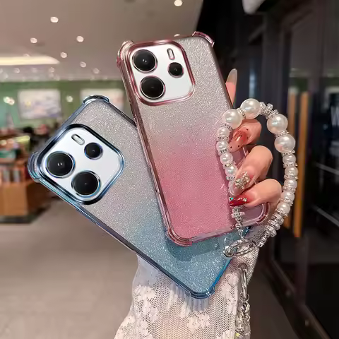 Gradient Glitter Shockproof TPU Phone Case with Luxury Pearl Chain Wrist Strap For Xiaomi Redmi Note