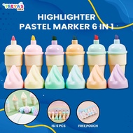 FR-A57 Highlighter Pen Es Krim Cone Monas 6 in 1 Free Pouch Penanda Berwarna / Spidol Highlighter Mo