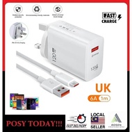 120W UK Plug Fast Charger 6A USB-A to Type-C Cable 1m Quick Charge For Mobile Phones & Tablets