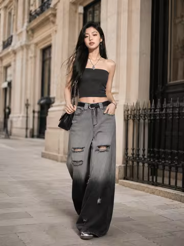 Women's Gradient Ripped Wide Leg Jeans, High Waist Distressed Baggy Denim Pants Ombre Washed Full Le
