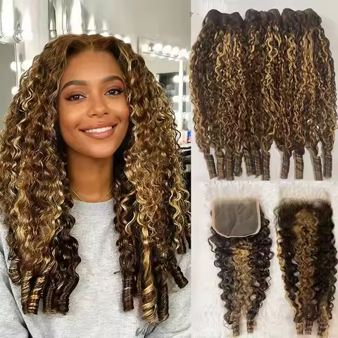 P4/27 Highlight Burmese Curly Bundles With Closure Frontal 100% Human Hair Pixie Curl Raw Hair Bundl