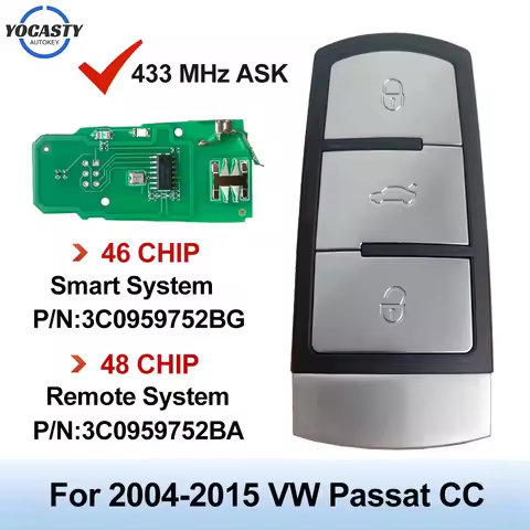 Smart Remote Car Key For 2004-2015 VW Passat B6 3C B7 Magotan CC 3 Buttons 433MHz With ID46/ID48 Chi