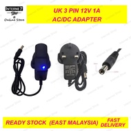 MALAYSIA PLUG 12V 1A AC to DC Power Supply Adapter 5.5 x 2.1 / 2.5MM UK 3PIN Plug For MODEM / ROUTER