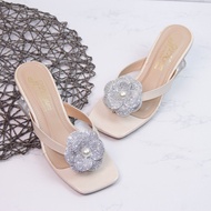 Guốc cao gót vuông trong xoắn 6p quai mảnh kẹp ngón đính hoa hạt châu - G79 Dép nữ cao gót