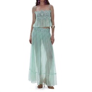 Boho Chiffon Lace Patchwork Pleated Camisole Top & Flowy Sheer Skirt Women's Outfit