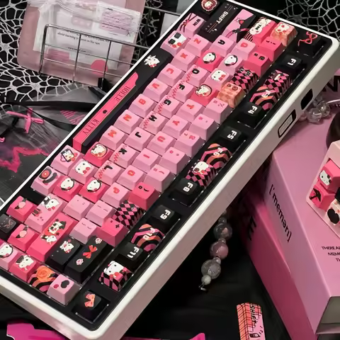 MOA / CHERRY Height Kawaii Keyscaps for Mechanical Keyboard Pink Black Hello Kitty Theme Keycaps PBT