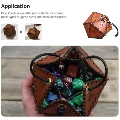 AD30-PU Leather D20 Dice Bag, For Game Polyhedral Dice Pouch Portable Drawstring Bag, Brown DND Dice