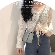 Fashion Korean Women's Top V Neck Long Sleeve Mesh Knit Top Adjustable Lace Up