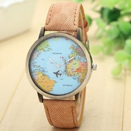 Global  Travel By Plane Map Women Dress Watch Denim Fabric Band Coffee  New