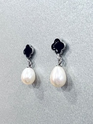天然珍珠耳環 白珠 淡水珠 925純銀 黑瑪瑙