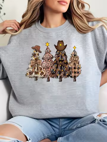 Cowboy Christmas Tree Print Holiday Sweatshirt Women Casual Wear Festive Outfit Gray Plus-Size