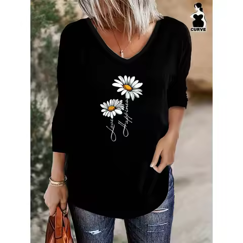 Women's Casual T-Shirt Floral Print Women's Top with Small Daisy Motifs White Daisy Floral Pattern 3