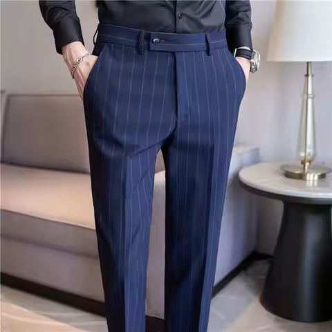 Autumn New Fashion Stripe Men's Suit Pants High Quality Straight Long Classic Business Elegant Slim 
