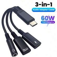 3-In-1 OTG USB-C To 3.5mm Headphone Jack, USB-C Audio Headphone, USB-C Adapter, Supports 60W Fast Ch