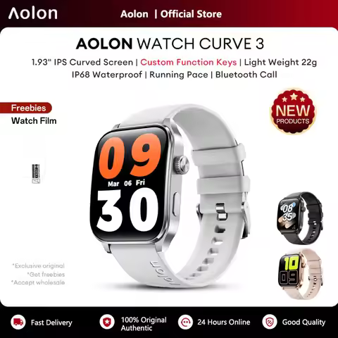 Aolon Curved Smart Watch 1.93' IPS Display 22g Ultra Light IP68 Waterproof Long Battery Life Fitness