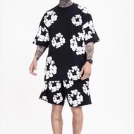 New and versatile fashion men and women denim tears printed short sleeve T-shirt loose shorts sets