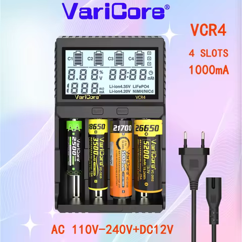 VCR4 4-Slot LCD Smart Battery Charger with Detailed LCD Screen, Auto-Identification, and Fast Chargi