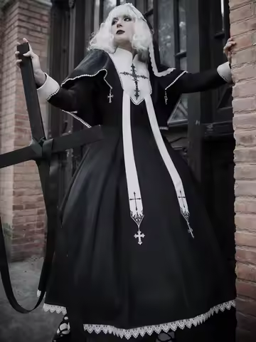 IMU Original Holloween Gothic Black Dress with Cape Light Lolita Nun Autumn Winter Long Sleeve Cross
