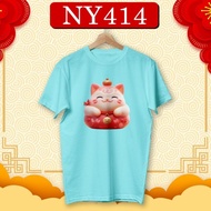 PINK96 CNY YEARLY Cotton T-Shirt Good Luck Cat Blue Baju Tahun Baru Women 2XL Short Sleeve NY414