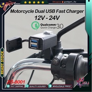 Motorcycle QC3.0 Dual USB Charger Waterproof Motor Bike Handlebar Fast Charge QC3.0 12V-24V Pengecas