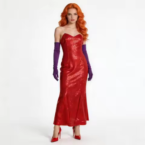 Anime Rabbit Jessica Red Sequin Mermaid Dress with Purple Gloves Strapless High Slit Costume for Hal