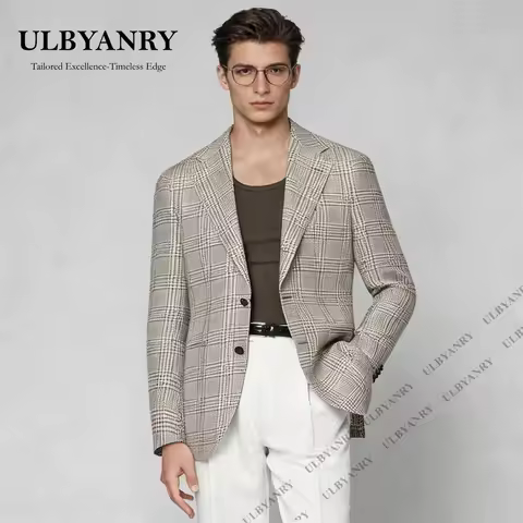 ULBYANRY Dapper Two Piece Suit for Men, Modern Plaid Single Breasted Jacket with White Pants, Smart 