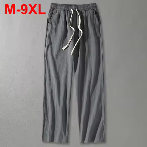7XL 8XL 9XL Linen Cotton Pants Men Plus Size Trousers Solid Loose Casual Pants