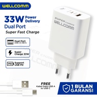 Wellcomm Wall Charger 33W Fast Charge Dual Port USB A+C Includes USB Type C Data Cable (Support ipho