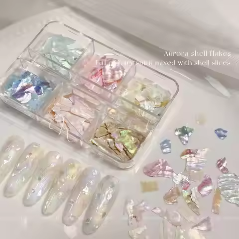 1 Box/6 Grid Irregular Aurora Seashell Slices Iridescent Nail Art Aurora Abalone Shell Flakes Acryli