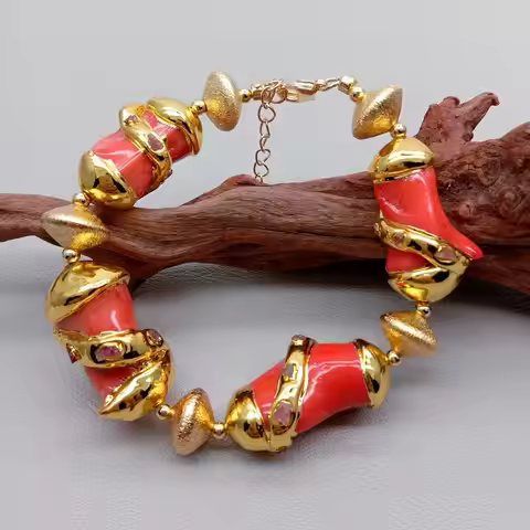 YYGem Orange Coral Gold Plated Nugget Bracelet