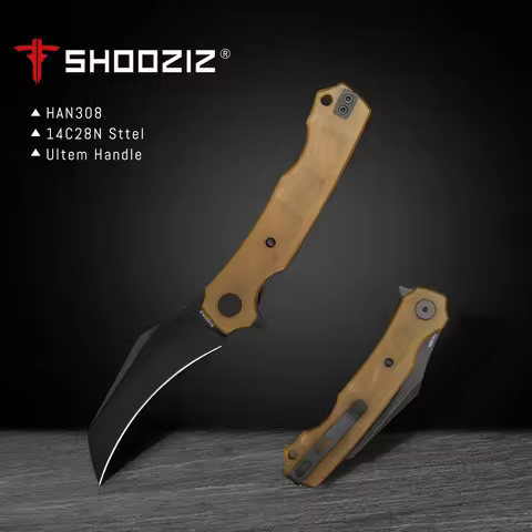 Shooziz Pocket EDC Knife for Men , Pikal Folding Knife & Ultem/G10 ，3.15"14C28N Steel Hawkbill Flipp