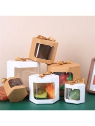 5pcs Hexagon Black & Brown Gift Boxes With Window, PVC Display, Ribbon, For Gift Packaging, Candle,