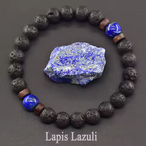 Real 5A Natural Lapis Lazuli Stone Beads Bracelet Homme Volcanic Lava Elastic High Quality Energy He