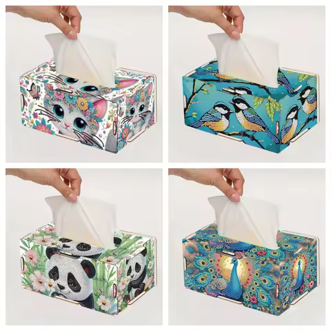 1 DIY Animal Pattern Round Diamond Painting Set, Painting and Splicing 3D Wooden Tissue Box